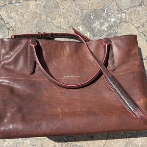 Coach Dark Brown Leather Tote with Red Accents
